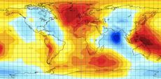 A map of the world with gravity data showing the Indian Ocean geoid low in dark blue.