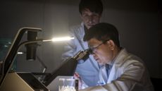 an older man wearing a lab coat and glasses looks into a large microscope as another, younger person in a lab coat observes