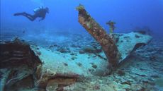 Divers explored the wreck of the US F4U–4 Corsair fighter-bomber on Iriomote Jima in March 2019.