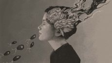 A pencil drawing showing brain eating amoebas entering a boy's nose, and an artistic representation of the boy's brain breaking down