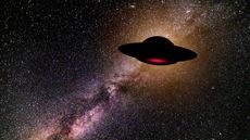 An illustration of a lonely flying saucer against the dark backdrop of space